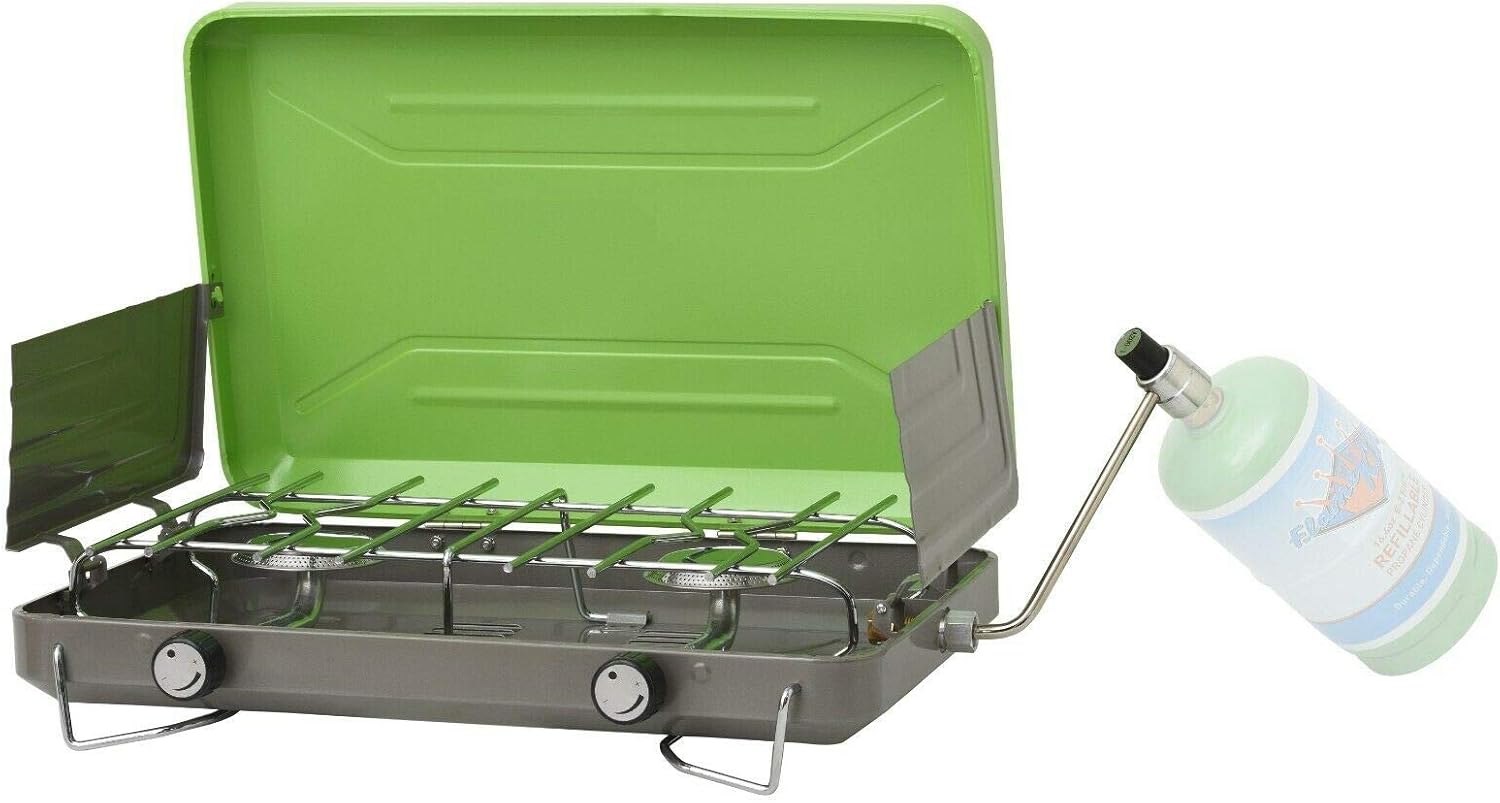 review Flame King VT-101 2 Burner Portable Propane Gas Classic Camping Stove Grill, Light Green