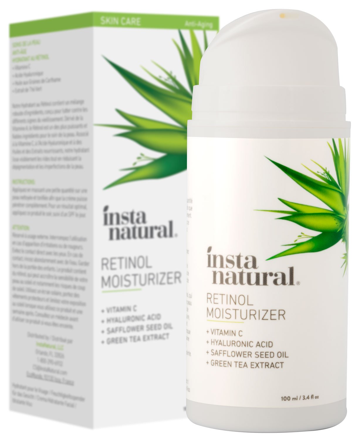 InstaNatural Retinol-Feuchtigkeitsspender und Anti-Agning Creme – Anti-Falten Lotion fürs Gesicht - Gegen Falten, Krähenfüße, Augenringe & feine Linien – Mit Vitamin C und Hyauronsäure – 100 ml