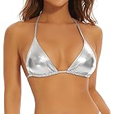 Gatielzana Halter Metallic Crop Top Shiny Triangle Bralette Rave Bra Swimsuit Top