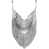 Women's Sparkle Crystal Rhinestone Body Chain Tassels Backless Silver Crop Top Metallic Glitter Halter Sequin Rave Outfit