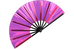 EORROE Large Rave Folding Hand Fan for Men/Women,Holographic Rave Fan for Women Club Dance Party,Festivals,Halloween, EDM, Music Festival,Club,Event,Party,Dance,Performance,Decoration, Gift (Fuchsia)