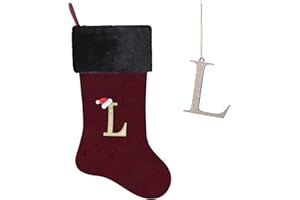 Yehnois 20 Inches Letter Embroidered Christmas Stocking,Personalized Burgundy Velvet Christmas Stocking,Holiday Season Decor and Xmas Gift（L）
