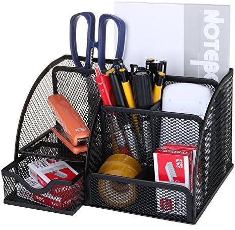 Comfecto Mesh Office Desk Supplies Organizer with 6 Compartments and Mini Sliding Drawer, Accessories Caddy for Pen Scissors Paper Clips Stapler Notepads Paper, Black