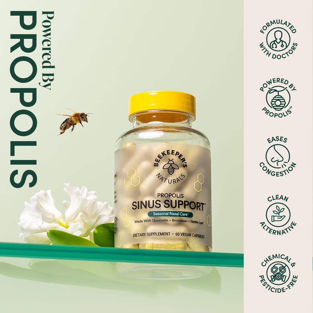 Beekeeper's Naturals All Natural Sinus Support for Adults, Seasonal Nasal Care Relief with Propolis, Quercetin, Bromelain, Nettle Leaf, & Vegan Capsule, Blocks or Suppresses Histamine, 60 ct