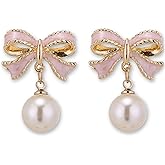 MALOYANVE Gold Bow Pearl Earrings Dainty Statement Silver Ribbon Tassel Classic Dangle Earrings Fashion Wedding Jewelry Gifts for Women