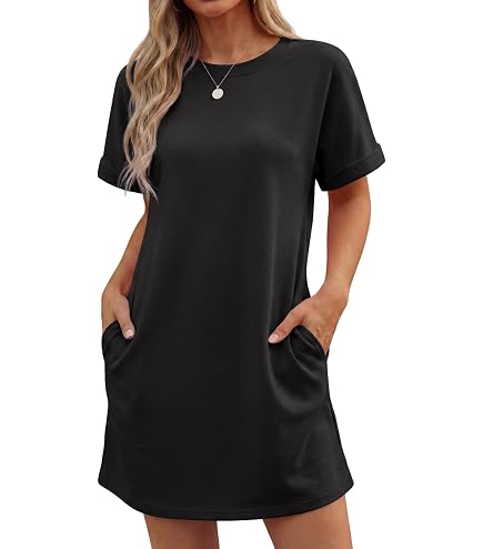 EVALESS Womens Short Sleeve Dresses Crewneck Mini Dress Apricot S