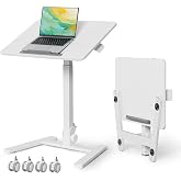 Gibbon Mounts 90&deg; Foldable Mobile Standing Desk Height Adjustable on Wheels | 25inch Portable Rolling Laptop Desk on Hidden Wheels &amp; Lockable Casters, Pneumatic Tiltable Workstation No Assembly, White