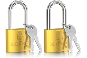 DELSWIN Weatherproof Padlock with Key (Keyed Alike) - Heavy Duty Solid Brass Locker Lock with 1-9/16" Long Shackle, Marine Grade Pad Lock for Outdoor Gate, Fence, Shed (2 Pack)