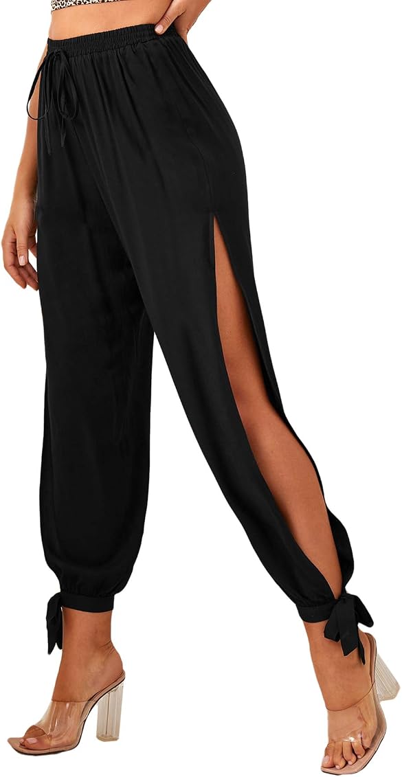 High Waist Split Knot Hem Long Pants 