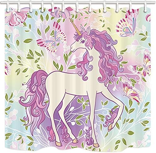 HiSoho Fairy Tale Bath Curtain, Girl Unicorn in Butterfly RainBow for Child, Mildew Resistant FaBric Shower Curtains for Bathroom, Shower Curtain Hooks Included, 71X71in
