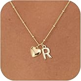 GUOKE Gold Heart Initial Necklace for Women - 14K Gold Plated Heart Letter Pendant Necklace Dainty Beaded Chain Personalized Jewelry Everyday Gift