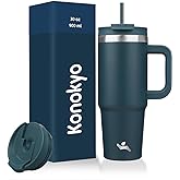 Konokyo 30 oz Tumbler with Handle and 2 Straws,2 in 1 Lid Insulated Water Bottle Stainless Steel Travel Coffee Mug,Navy blue