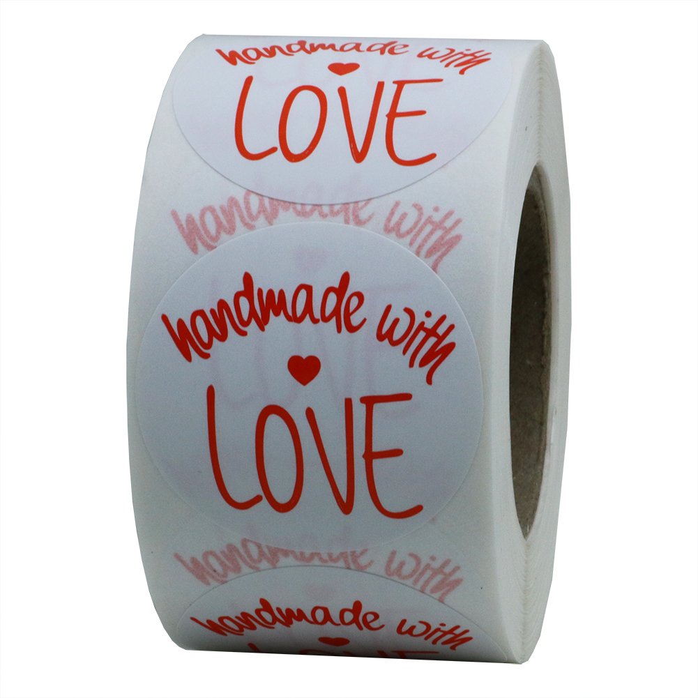 Hybsk Handmade with Love Stickers with Red Font 1.5" Inch Round Total 500 Labels Per Roll (Type 3)