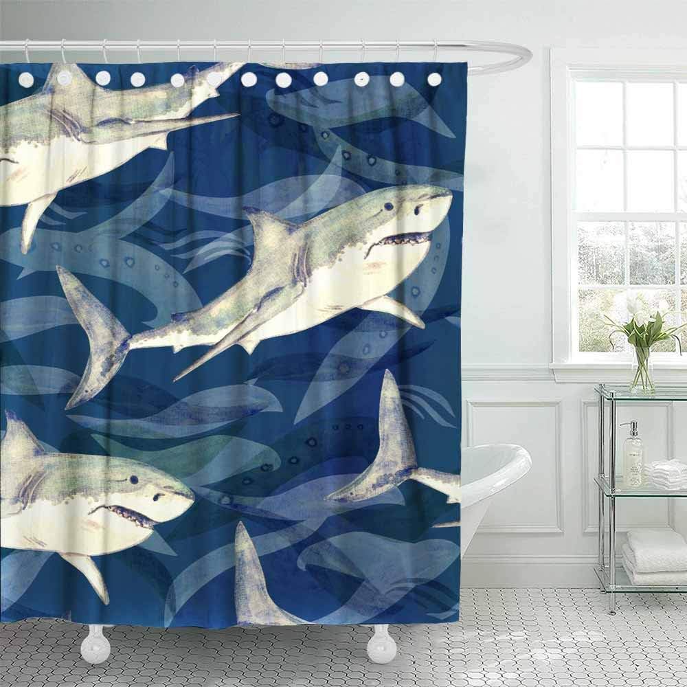 silichee Tub Shower Curtain 78X72Inch White Shark Painted Watercolor Pattern on Dark Blue Ocean Surface with Waves Background Shower Curtains for Men Bathroom Decor Waterproof Shower Curtain