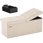 HAUSFRAU 31.5 Inches Ottoman with Storage Bench, Folding Ottoman Bench Small Foot Rest Stool, Bedroom Bench with Flipping Lid, Faux Leather Ivory