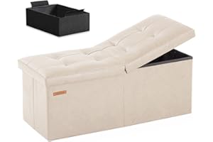 HAUSFRAU 31.5 Inches Ottoman with Storage Bench, Folding Ottoman Bench Small Foot Rest Stool, Bedroom Bench with Flipping Lid, Faux Leather Ivory