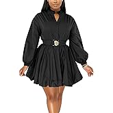 ENOPINK Womens Mini Dress Puff Sleeve Dresses 2026 Button Down Sexy V Neck A Line Party Clubwear with Belt