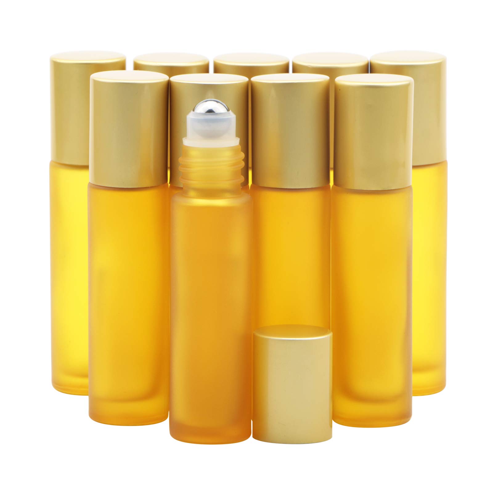 Rowiz 10PCS 10ml Yellow Frosted Glass Bottle Leakproof Glass Bottle Essential Oil Roller Bottles Set With Stainless Steel Balls And Anodized Aluminum Screwcap For Perfume & Aromatherapy Oils