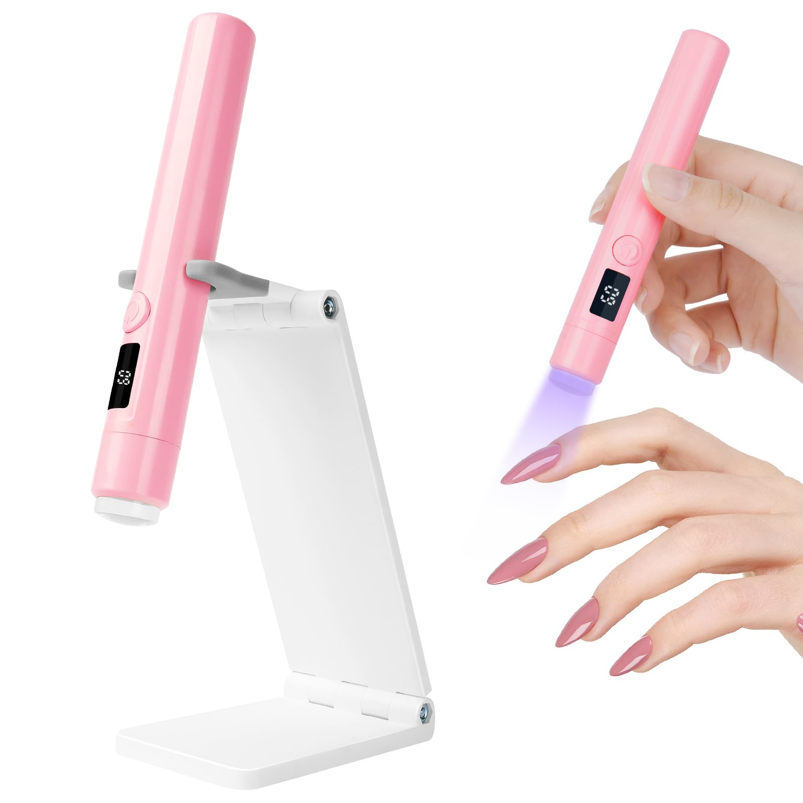 URAQT UV Nail Lamp with Stand, Small UV Lamps for Gel Nails, Rechargeable USB Nail Dryer Light with LED Screen and 45s 60s Timer, Portable Led Nail Flashlight, Gift for Women Nail Art, Pink