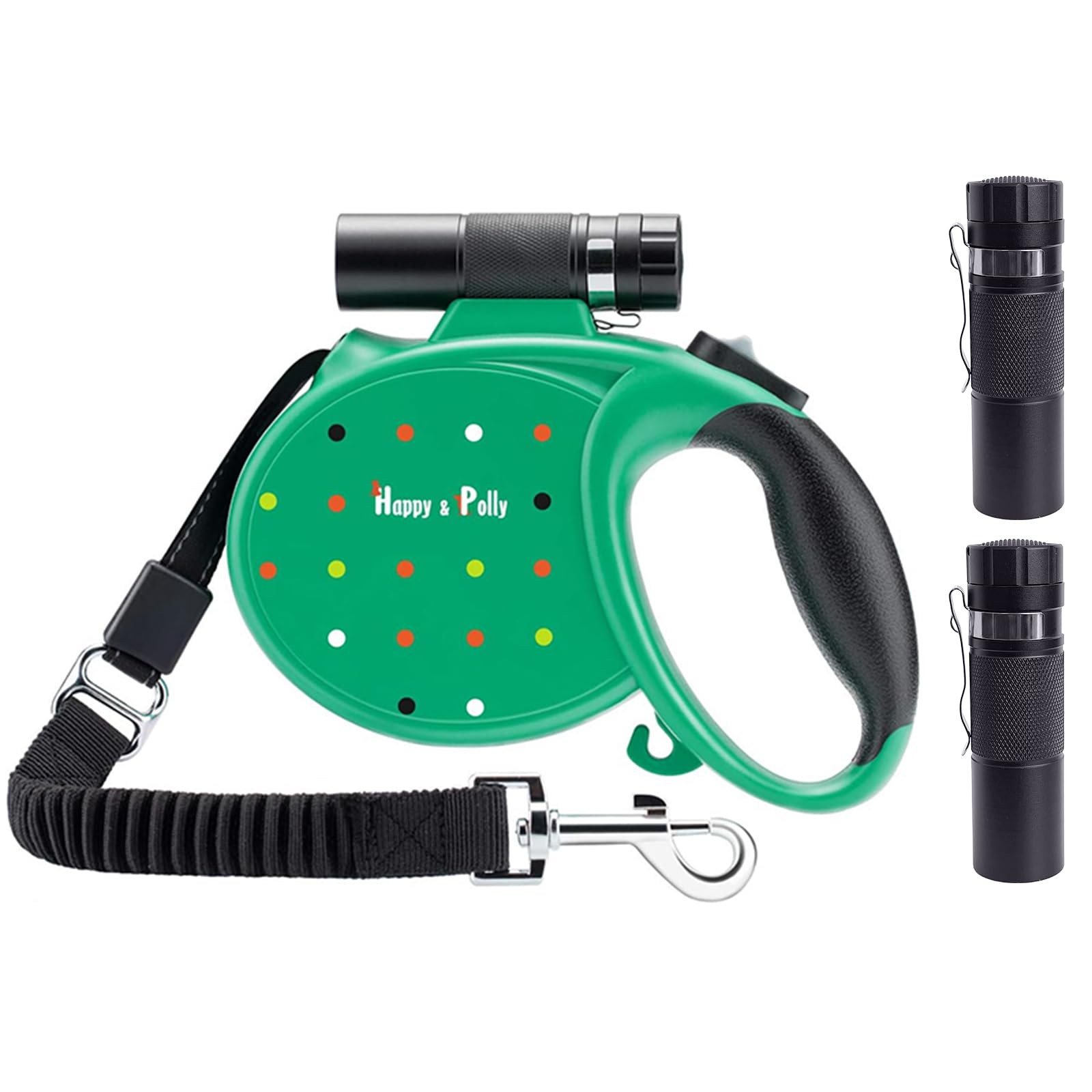 Happy & Polly Retractable Dog Leash - Heavy Duty 5M with Flashlight & Bungee - Magic Box Dispenser Poop Bags for Small/Medium Dogs (Green)
