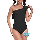 Beautikini Period Swimwear One Piece Menstrual Leakproof Swimsuit One Shoulder Ruffle Bathing Suits for Girls Teens