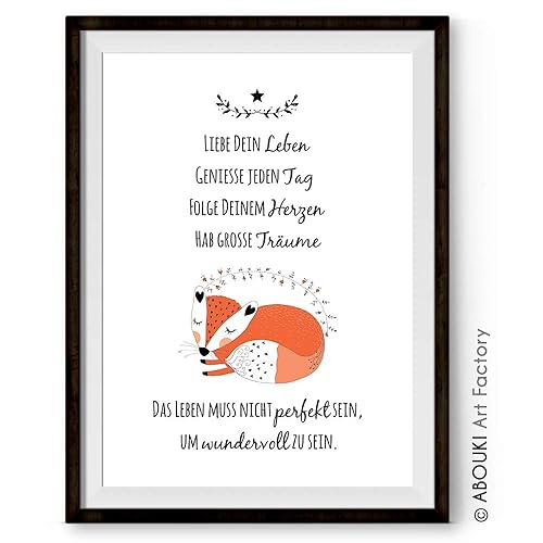 ABOUKI hochwertiger Kunstdruck - ungerahmt - 'Liebe Dein Leben' mit Motiv Fuchs Poster Fine-Art-Print, Geschenk, Geschenkidee