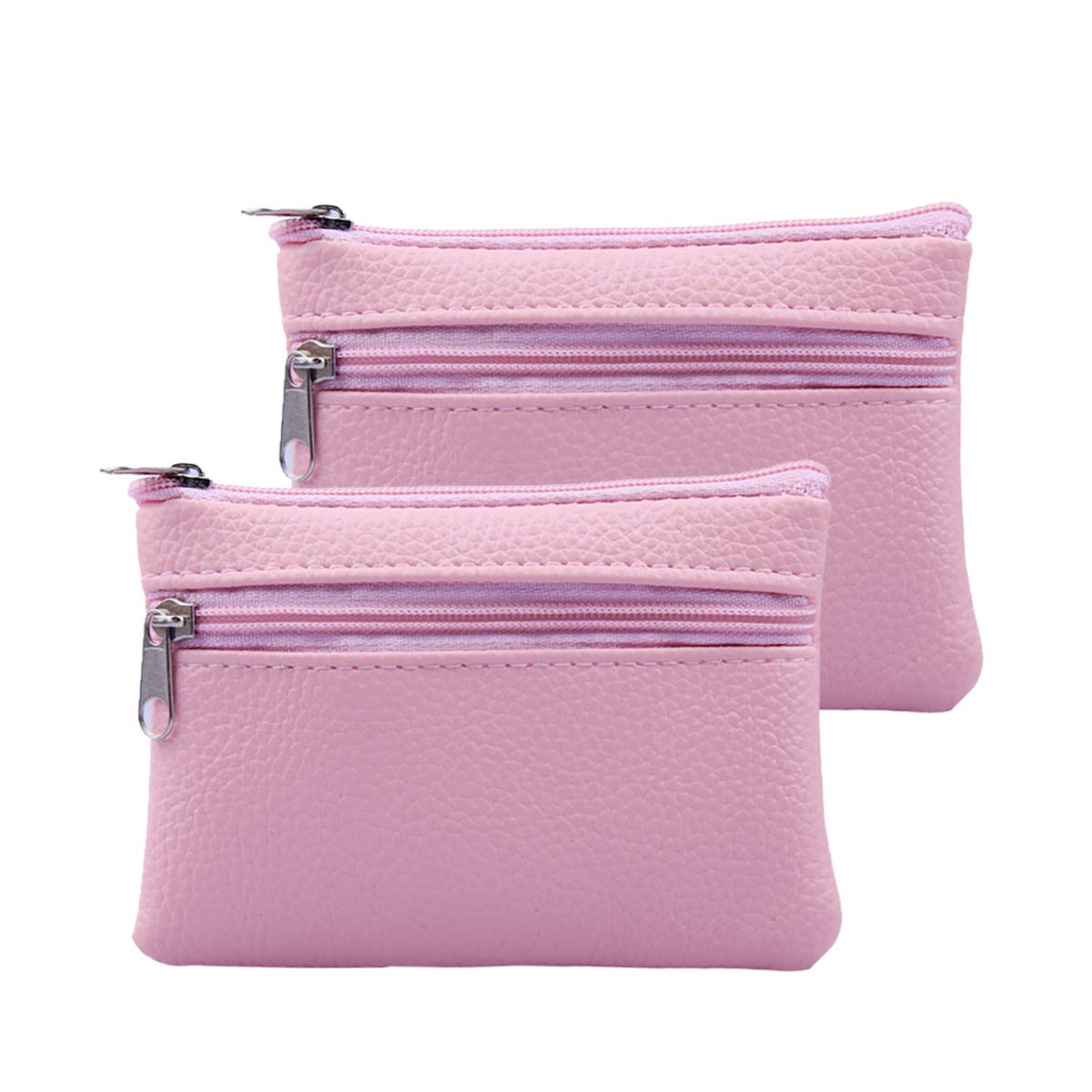 ZhengYue Mini Coin Purse Holder Wallet Leather Purses for Women Men Kids Minimalist Zip Pouch with Key Ring 2PCS Pink