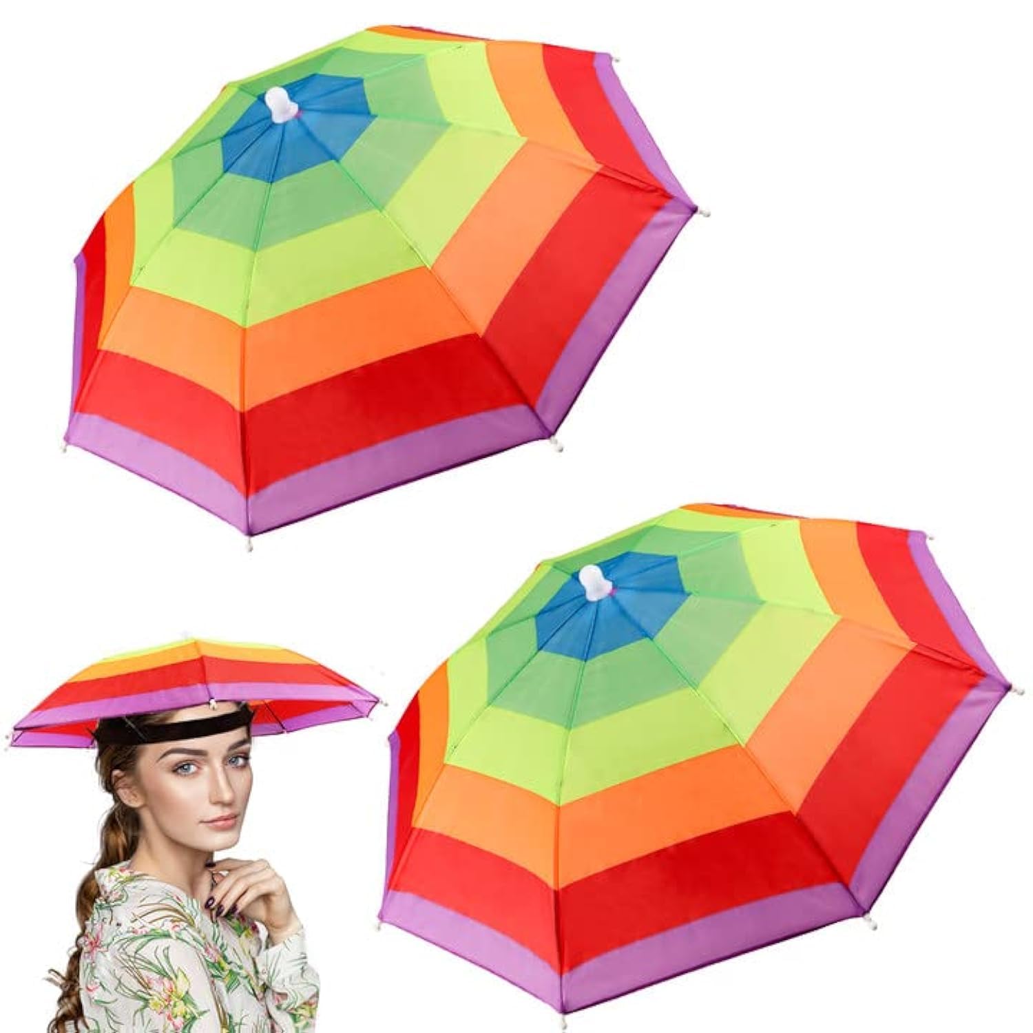 2 Pcs Rainbow Umbrella Hat With Elastic Band for Adults and Kids - Folding Head Umbrella for Outdoor Golf, Camping, Gardening, Festival, Fishing