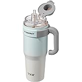 TKK 40 oz Tumblers with Handle and Straw, Ceramic Coating Insulated Bottle 100% Leakproof Travel Mug for Water, Iced Tea or Coffee, Smoothie, Cup Holder Friendly Base, BlueWhite