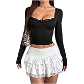 OYOANGLE Women's Square Neck Long Sleeve Tshirt Y2K Lace Trim Slim Fitted Crop Tops