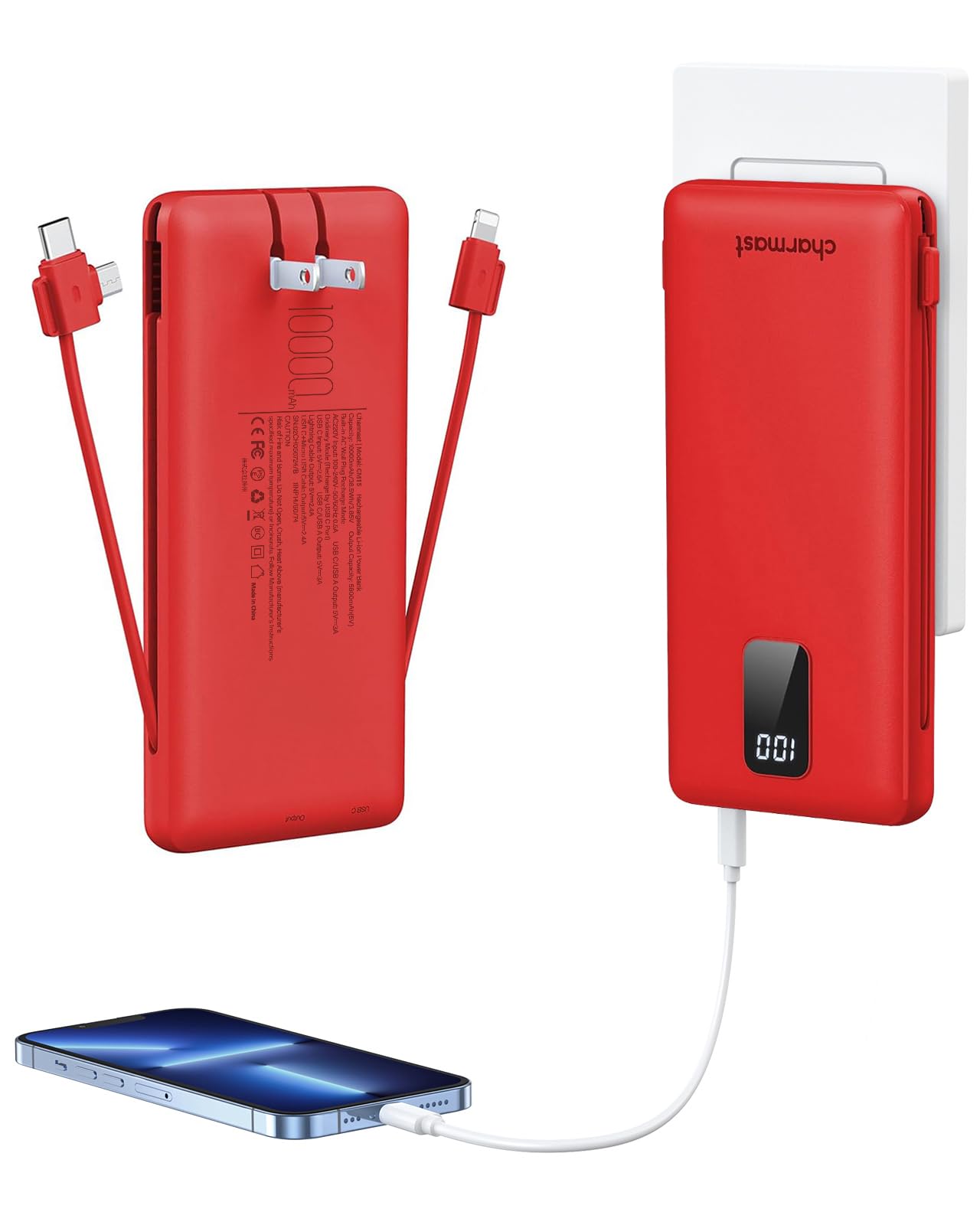 charmast Portable Charger,Power Bank Built-in Cables and AC Wall Plug,10000mAh USB C Fast Charging,External Battery Pack Slim,Travel Essentials Compatible with iPhone,iPad,Samsung,Android