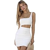 Zeflows Womens One Shoulder Cutout Backless Bodycon Dresses Ruched Hollow Out Sleeveless Mini Club Cocktail Sexy Dresses