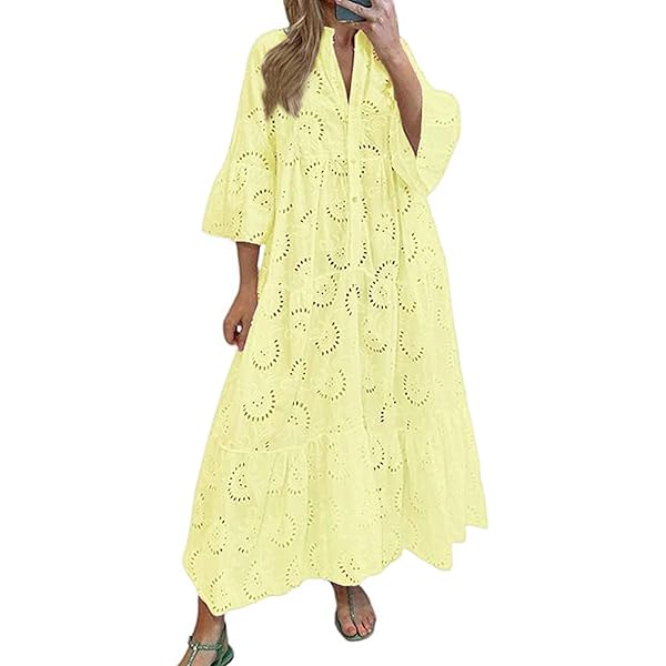 chouyatou Women's 2026 Lace Eyelet Embroidery Maxi Dress V-Neck Trumpet  Sleeve Boho Flowy Swing Dress (X-Small, Blue) at Amazon Women's Clothing  store