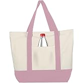 KreqiuCre Extra Large Canvas Tote Bag with External Pocket, Reusable Grocery Shopping Bag with Waterproof Lining, Top Zipper