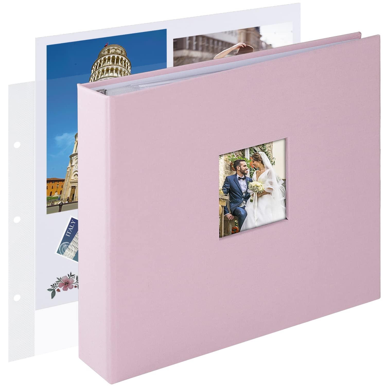 Photo 1 of 1DOT2 10x10 Inch 3 Ring DIY Scrapbook Photo Album Journal with 30 Plastic Sleeves 60 Pages and Fabric Cover for Baby Travel Wedding Couple Anniversary kids Adventure (Pink Cover/White Pages)