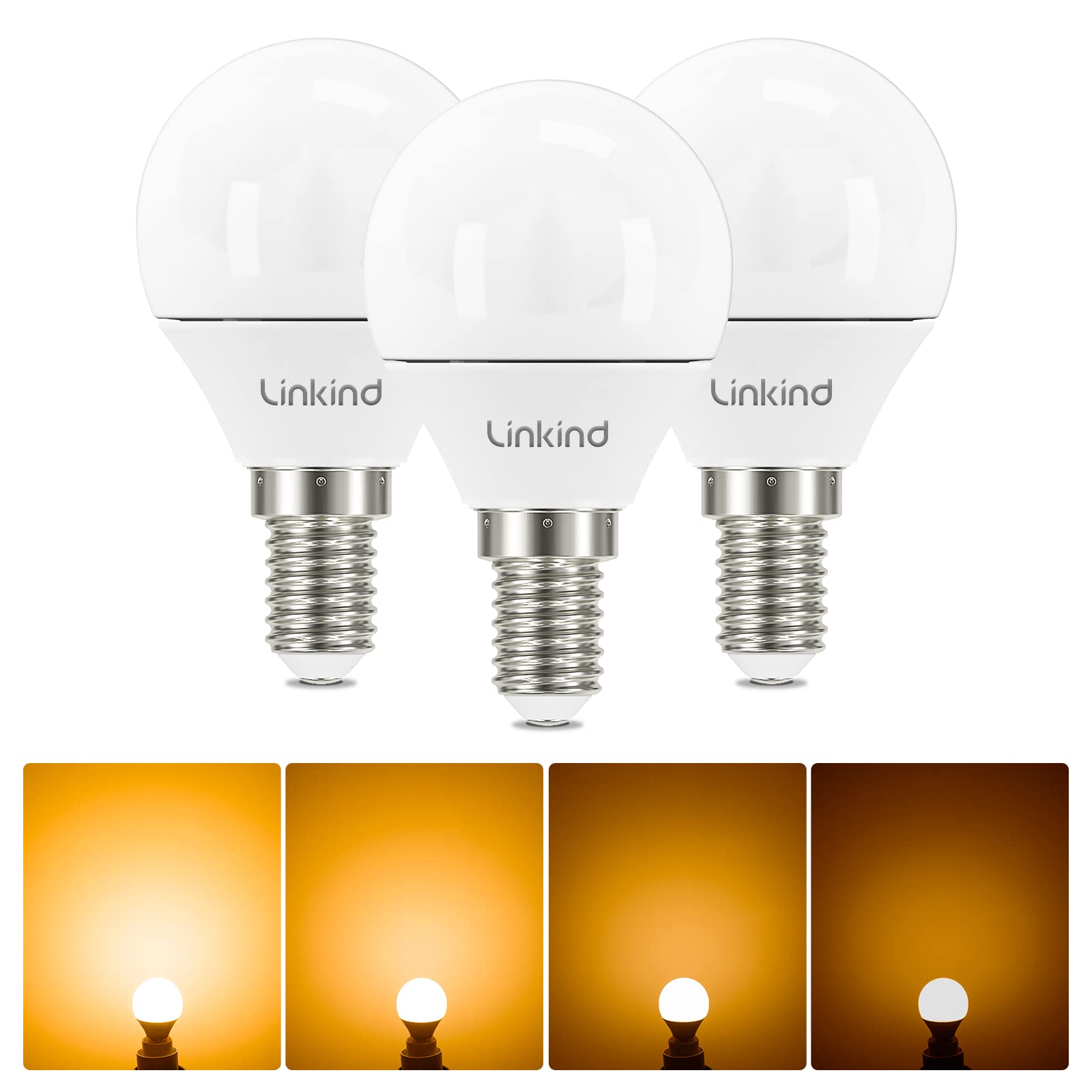 Linkind E14 Dimmable LED Golf Ball Bulb, 4.2W 40W Equivalent, 470lm Warm White 2700K, Small Edison Screw SES, P45 Round Light Bulbs, Pack of 3