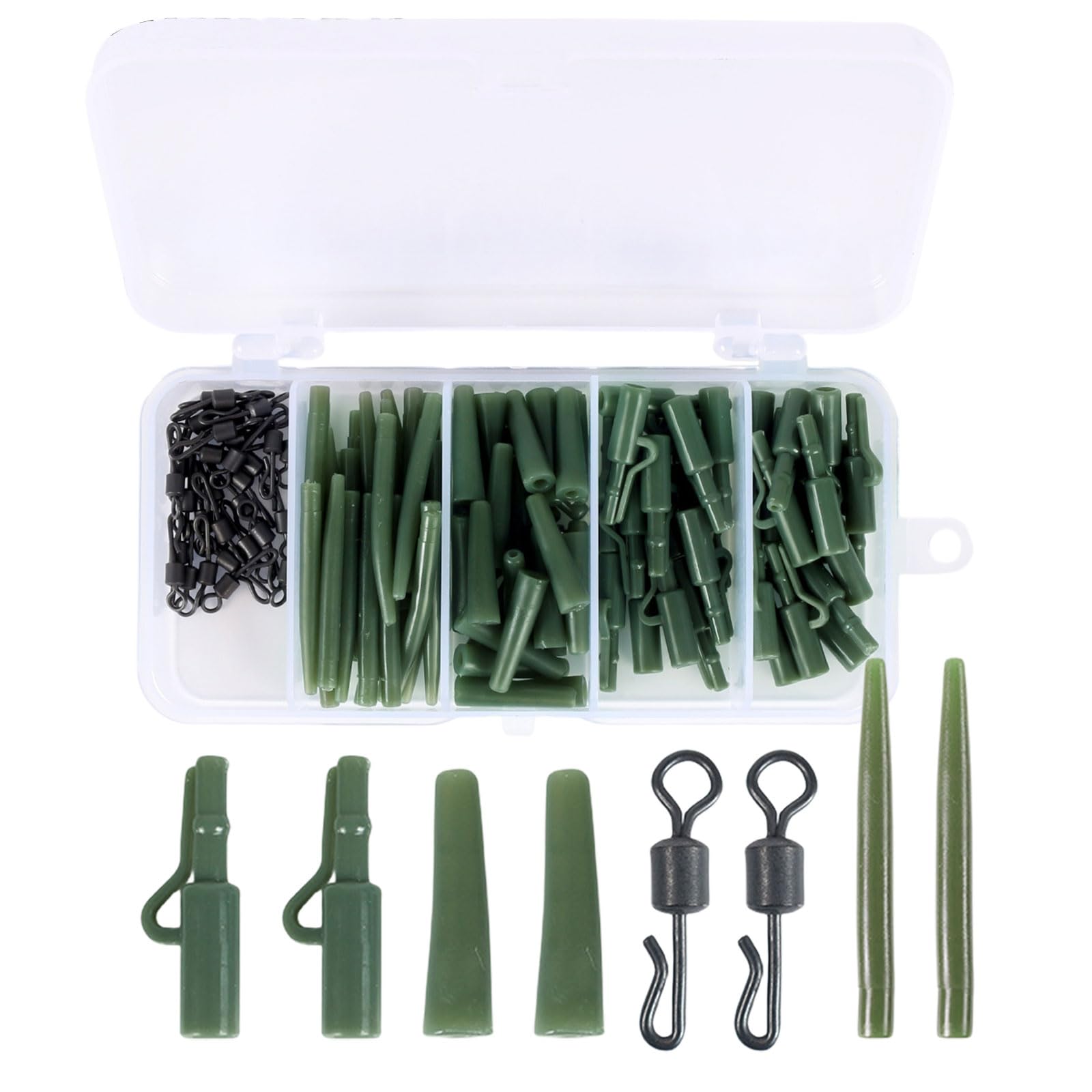 DWE Carp Fishing Accessories, 120 Pcs Anti Tangle Sleeves Tail Rubber Quick Change Swivels Safety Clips Carp Fishing Tackle Kit with Box (Green)