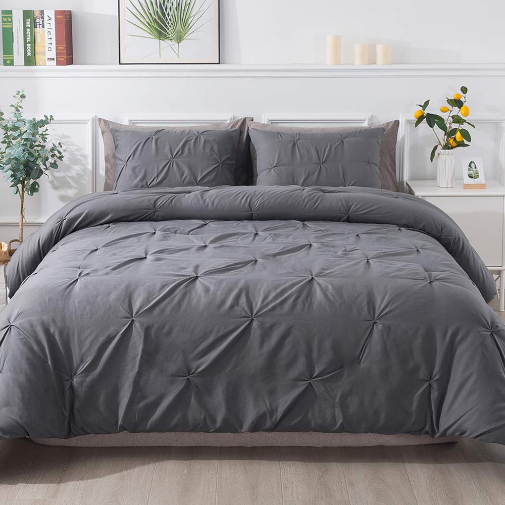 Andency Dark Gray Pinch Pleat Comforter Queen(90x90Inch), 3 Piece(1 Pintuck Comforter and 2 Pillowcases) Grey Pintuck Microfiber Down Alternative Comforter Bedding Set