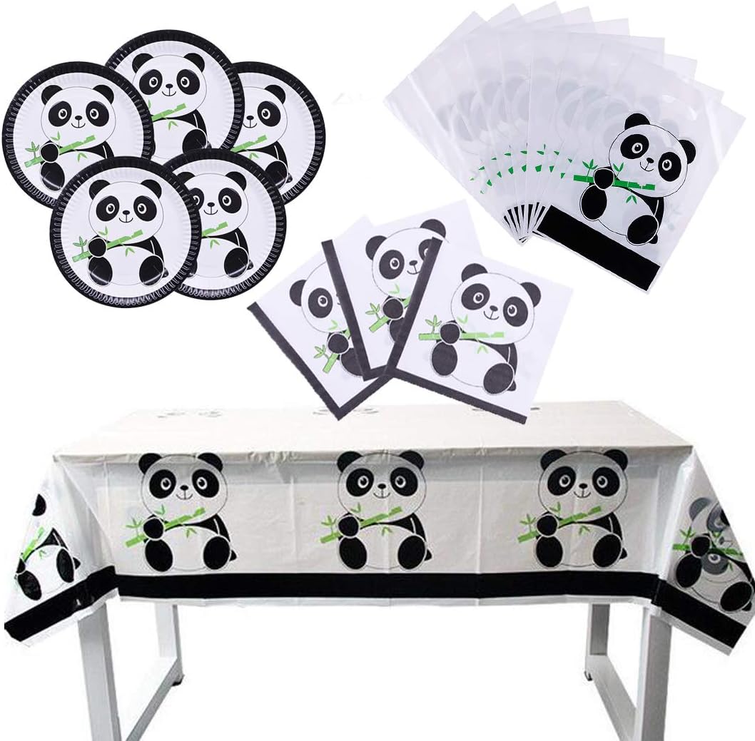 Panda Party Supplies Set,Panda Disposable Tableware,Tablecloth,Plates,Napkins,Gift Bag For Baby Shower Birthday Decorations Pack of 61