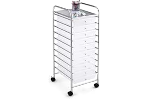 KOTEK 10-Drawer Rolling Storage Cart, Multipurpose Utility Cart Mobile Craft Cart w/Drawers & Wheels, Home Office School Tools Scrapbook Paper Organizer (Clear)