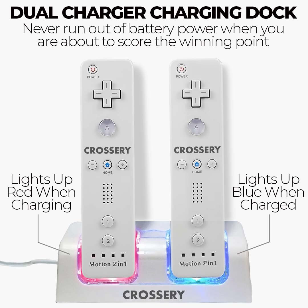 Wii Remote and Nunchuck Controller Bundle with Charging Dock - 2 Pack Motion Plus Remotes, 2 Nunchucks, 1 Charging Station, Compatible with Nintendo Wii & Wii U - White