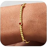 M MOOHAM Heart Birthstone Bracelet for Women - Dainty 14K-Gold-Plated Heart CZ Birthstone Bracelets Stretch Beaded Trendy Jewelry Bracelet Birthday Gifts for Women
