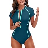 Holipick Short Sleeve Rash Guard for Women - Modest One Piece Swimsuit UPF 50+ Zipper Bathing Suit