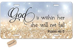 Amcove License Plate Psalm 46:5 God is Within Her,She Will not Fail- Bible Verse Gold and White Sparkles Glitter Pattern License Plate, Novelty License Plate Decorative Front Plate,6 X 12 Inch