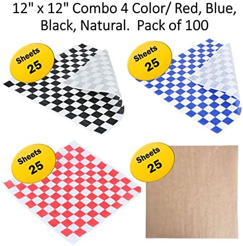100 Sheets 12 x 12 inch / Combo 4 Color Food Basket Liner Wax Coated Deli Wrapping