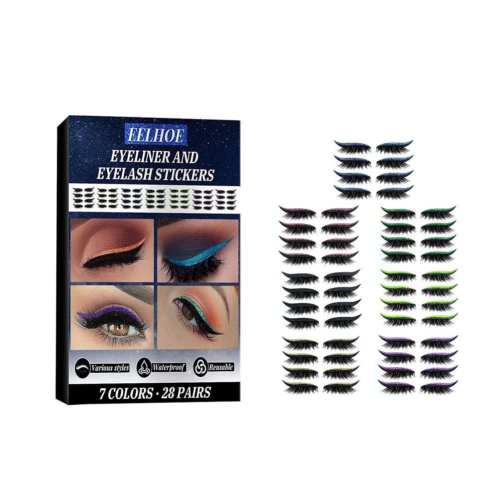 False Eyelashes Set,4 Pair Reusable Eyeliner and Eyelash Stickers 7 Color Waterproof Reusable Eyeliner Eyelash Stickers Easy to Use and Remove