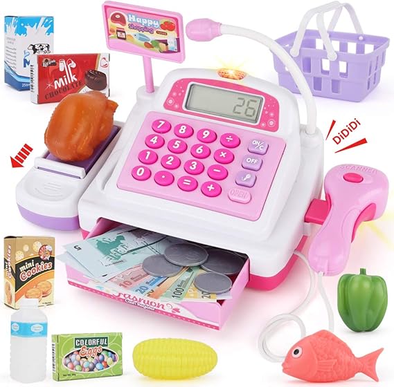 just like home toy cash register with real scanner & working calculator