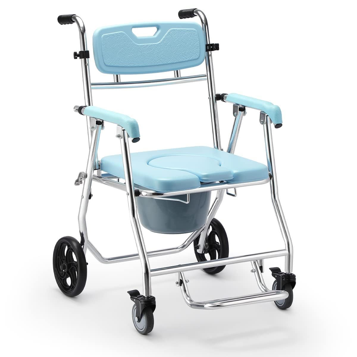 OasisSpace Folding Shower Commode Wheelchair - 300lbs Bedside Commode with Padded Seat, Waterproof Rolling Shower Chair with Arms and Backrest, Shower Chair with Wheels (FSA or HSA Eligible)