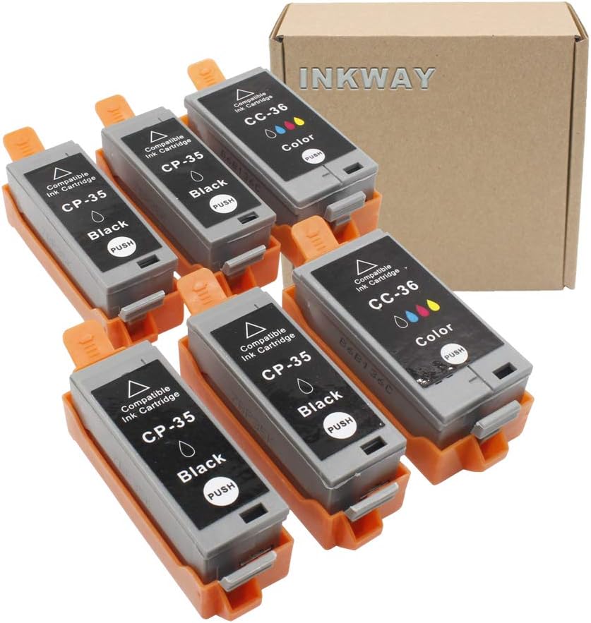 INKWAY Compatible PGI-35 CLI-36 Ink Cartridges Replacement for PIXMA iP100, IP110, PIXMA mini260, PIXMA mini320, RFB IP100 Inkjet Printers 6 Pack (2 Tri Color, 4 Black).