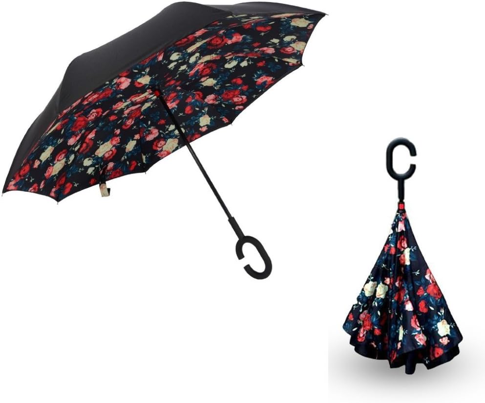 Recheirisry Double Layer Inverted Umbrella Cars Reverse Open Folding Umbrellas, Windproof UV Protection Upside Down Umbrella with C-Shaped Handle